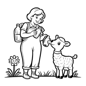 Fröhliche Frau mit Lamm und bunten Blumen Malvorlage für kleine Naturforscher