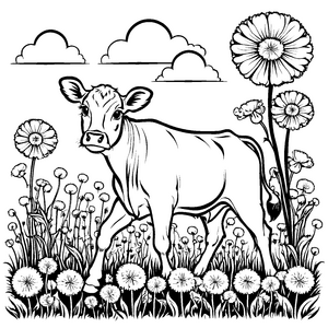 Wundersames Kälbchen umgeben von blühenden Wildblumen Ausmalvorlage für fantasievolle Naturforscher
