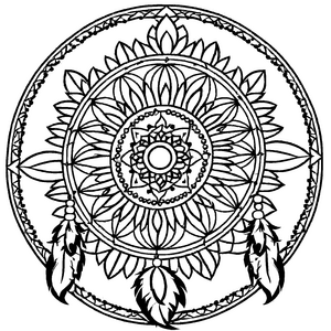 Bezauberndes Mandala Mix mit kraftvollem Sonnenmotiv und Federn Ausmalvorlage für fantasievolle Farbentdecker auf magischen Entdeckungsreisen