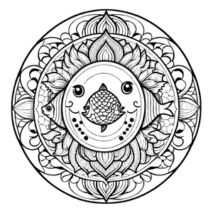 Fantasievolles Mandala mit schillerndem Fisch-Motiv Ausmalvorlage für kreative Entdecker auf bunten Abenteuerreisen