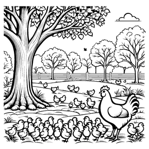 Fröhliche Hühnerfamilie unter schattenspendendem Baum Ausmalbild für kleine Naturforscher