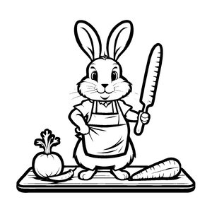 Faszinierender Hase mit scharfer Klinge und frischen Karotten Ausmalvorlage für kleine Küchenmeister