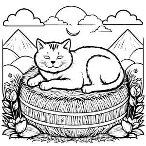 Gemütliche Bauernhofkatze auf Heuballen Malvorlage für neugierige Tierliebhaber