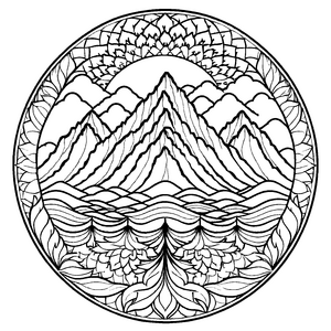 Schillerndes Mandala Mix mit filigranen Berglandschaften Ausmalvorlage für neugierige Farbentdecker auf traumhaften Abenteuerreisen