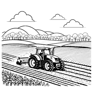 Traktor beim Felderpflügen in der Natur Malvorlage für junge Entdecker