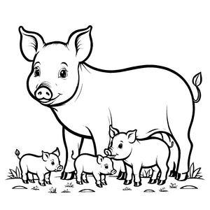 Große Ferkel-Mama mit ihren drei kleinen Ferkeln Malvorlage für fantasievolle Tierliebhaber