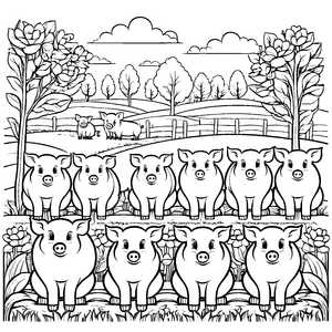Sieben niedliche Ferkel auf grünem Gras Ausmalbild für kleine Naturforscher