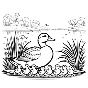 Schlendernde Mama-Ente mit ihren sieben süßen Küken Ausmalmotiv für kleine Wasserabenteurer