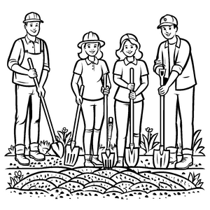 Familie beim gemeinsamen Gärtnern mit Blumen Ausmalmotiv für abenteuerlustige Naturfreunde