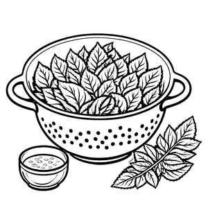 Kreativer Kochtopf mit Amaranth-Blättern und Früchten Ausmalmotiv für neugierige Küchenzauberer