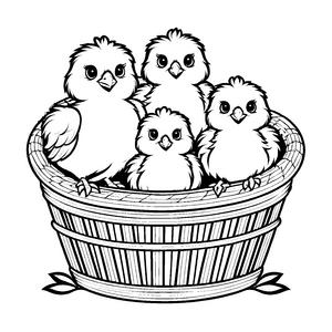 Fünf liebenswerte Vogelbabys im blühenden Nest Ausmalmotiv für abenteuerlustige Naturforscher