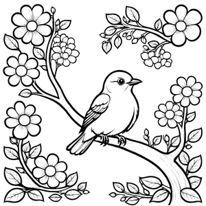 Süßer Vogel auf floralem Ast Ausmalbild für kleine Naturfreunde