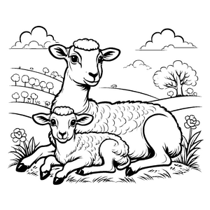 Zwei kuschelige Schafe im bunten Feld Malvorlage für fantasievolle Tierpaare
