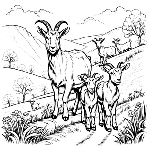 Bezaubernde Ziegenfamilie auf malerischem Hügel Ausmalvorlage für fantasievolle kleine Künstler