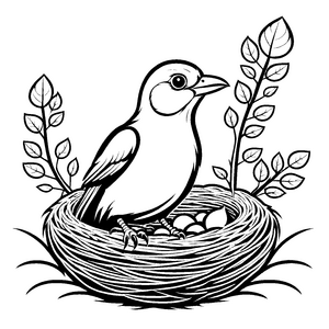 Wunderschönes Vogelnest mit schützenden Zweigen und Eiern Ausmalbild für kleine Naturliebhaber mit großen Fantasien