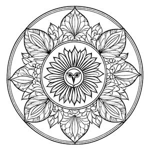 Strahlendes Mandala Mix mit Sonnensymbol und Vögeln Ausmalvorlage für kleine Farbträumer auf magischen Entdeckungsreisen