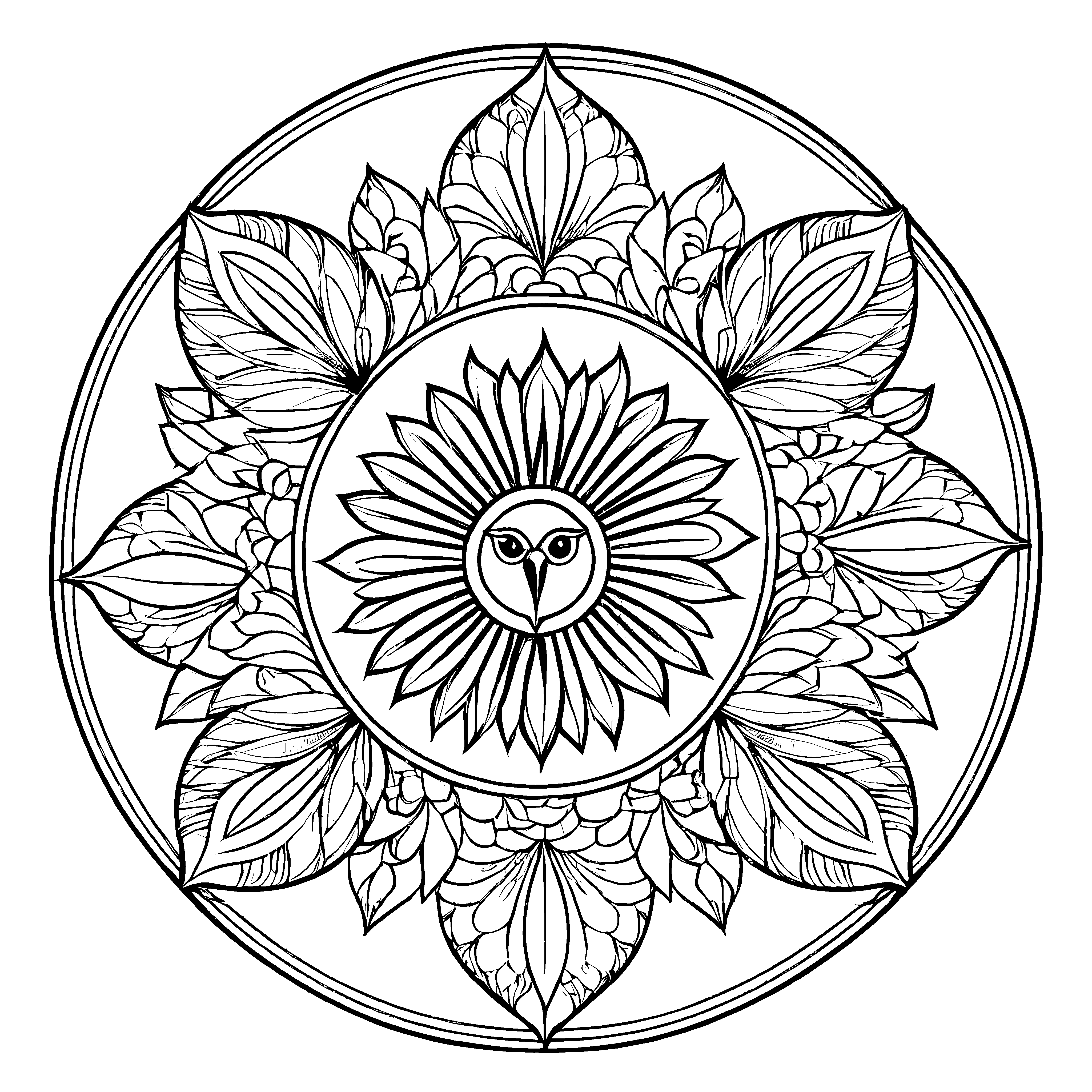 Strahlendes Mandala Mix mit Sonnensymbol und Vögeln Ausmalvorlage für kleine Farbträumer auf magischen Entdeckungsreisen