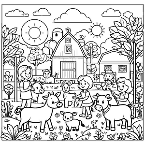 Familie mit drei Kindern und Tieren auf dem Bauernhof Ausmalmotiv für abenteuerlustige Mini-Farbenfreunde