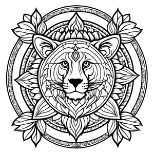Majestätisches Mandala Mix mit löwenähnlicher Figur Ausmalvorlage für mutige Farbfreunde auf spannenden Entdeckungsreisen