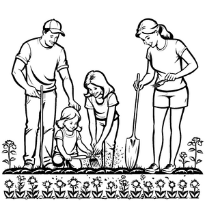 Familie beim fröhlichen Pflanzen im Garten Ausmalvorlage für kleine Gartenhelden