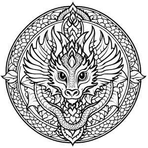 Mythischer Drache im Mandala Mix Ausmalmotiv für kreative Farbhelden auf fantastischen Reiseabenteuern