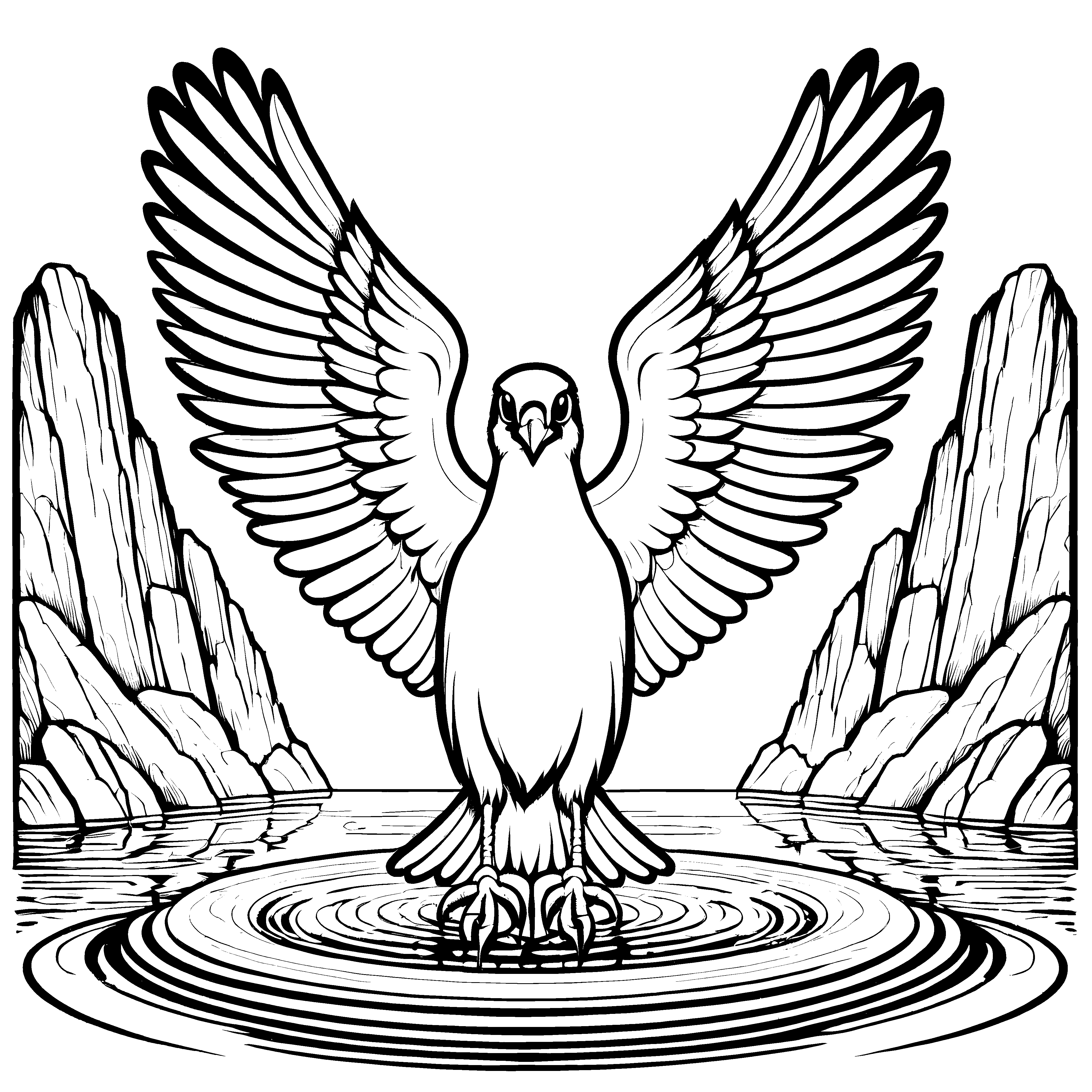 Majestätischer Vogel mit glänzenden Flügeln im Wasserbecken Ausmalbild für verspielte Wasserentdecker