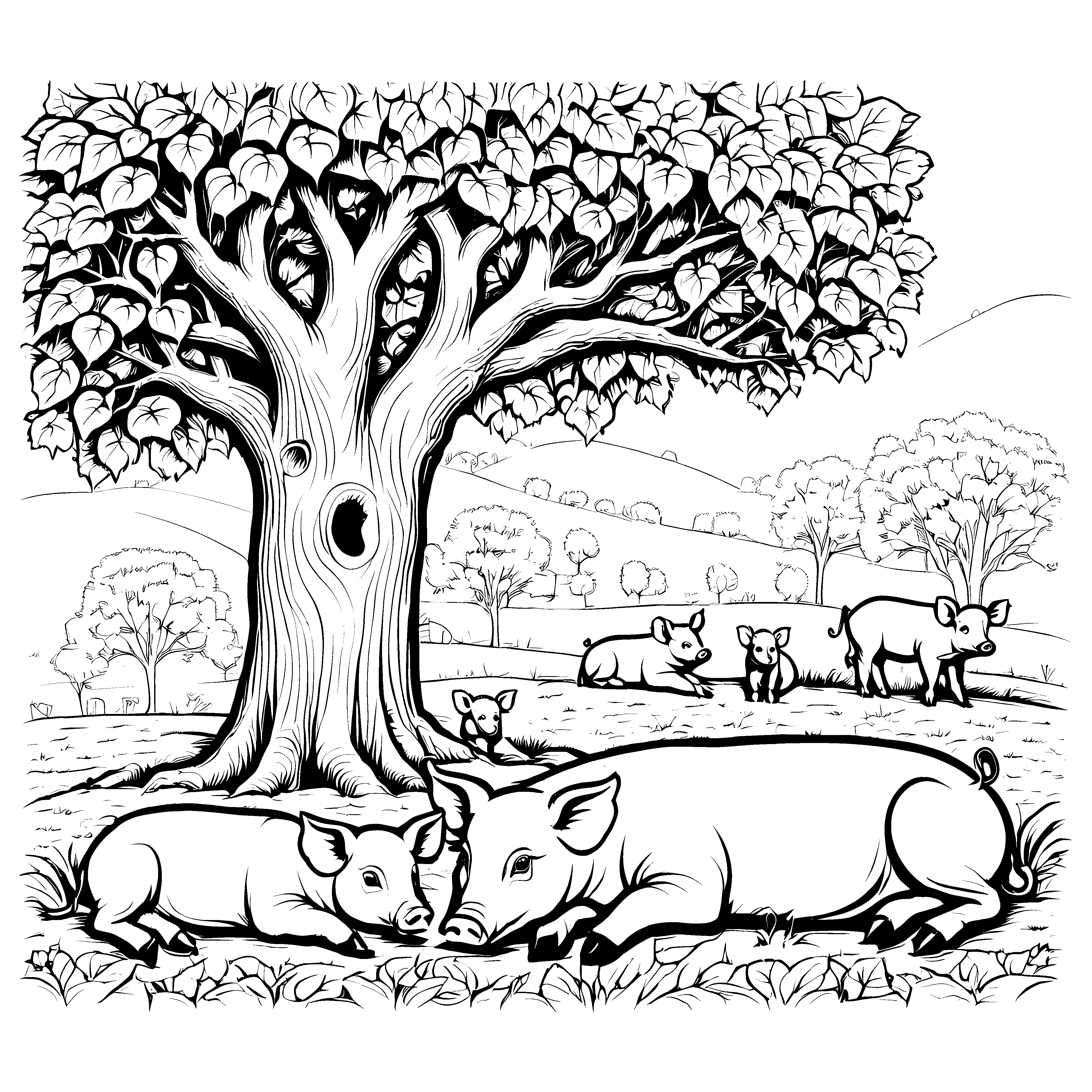 Zwei entspannte Ferkel unter blühendem Baum Ausmalbild für junge Entdecker mit großen Träumen