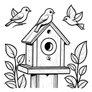 Bezauberndes Vogelhaus mit zwei fröhlichen Vögeln und Blättern Malvorlage für kleine Naturentdecker