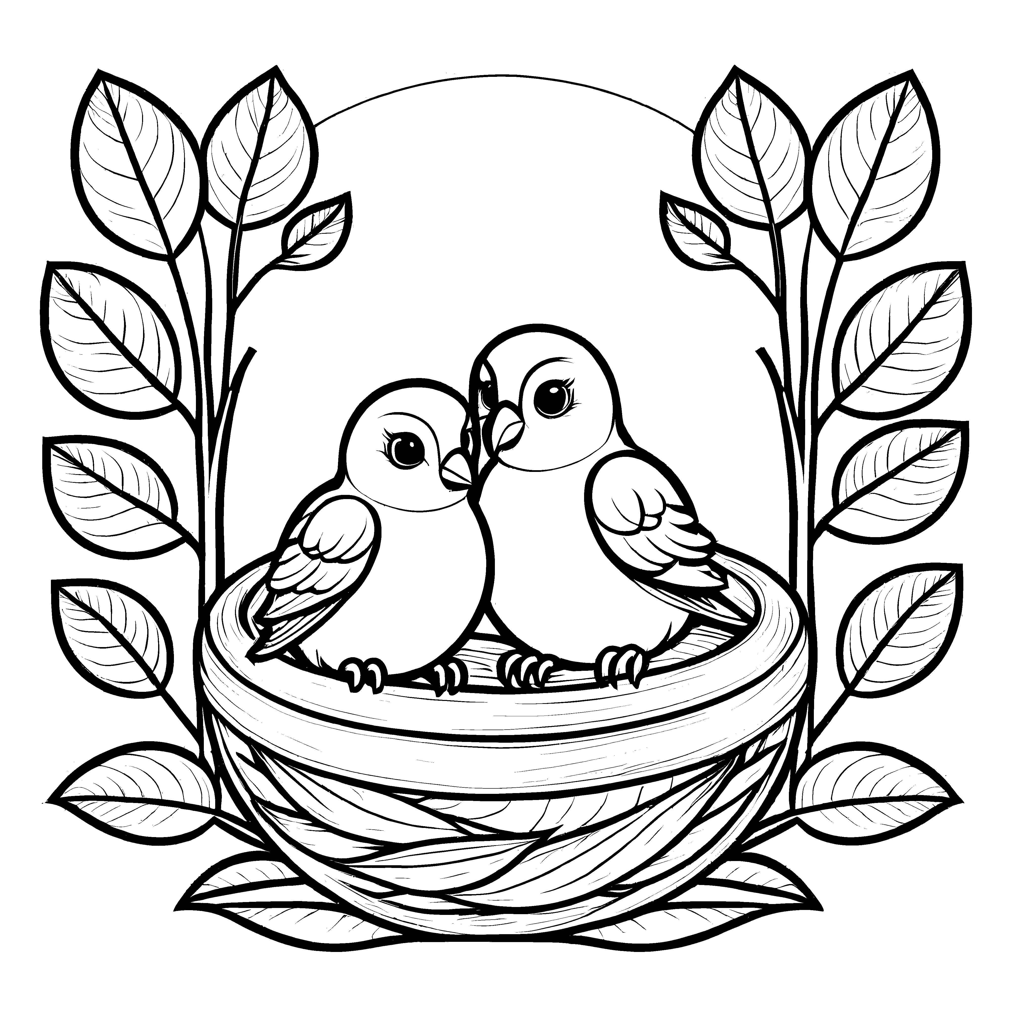 Zwei kuschelige Vögel im gemütlichen Nest Malvorlage für kleine Federschwingen-Denker