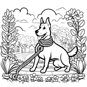 Verspielter Hofhund mit Leine auf blühendem Pfad Ausmalbild für kreative Tierentdecker