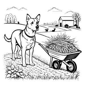 Helfender Hofhund zieht Heuwagen durch die Wiese Ausmalvorlage für tatkräftige kleine Helfer