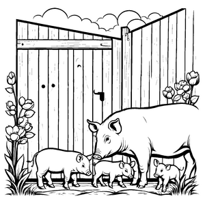Mama-Ferkel mit ihren drei fröhlichen Babys Malbild für junge Tierfreunde