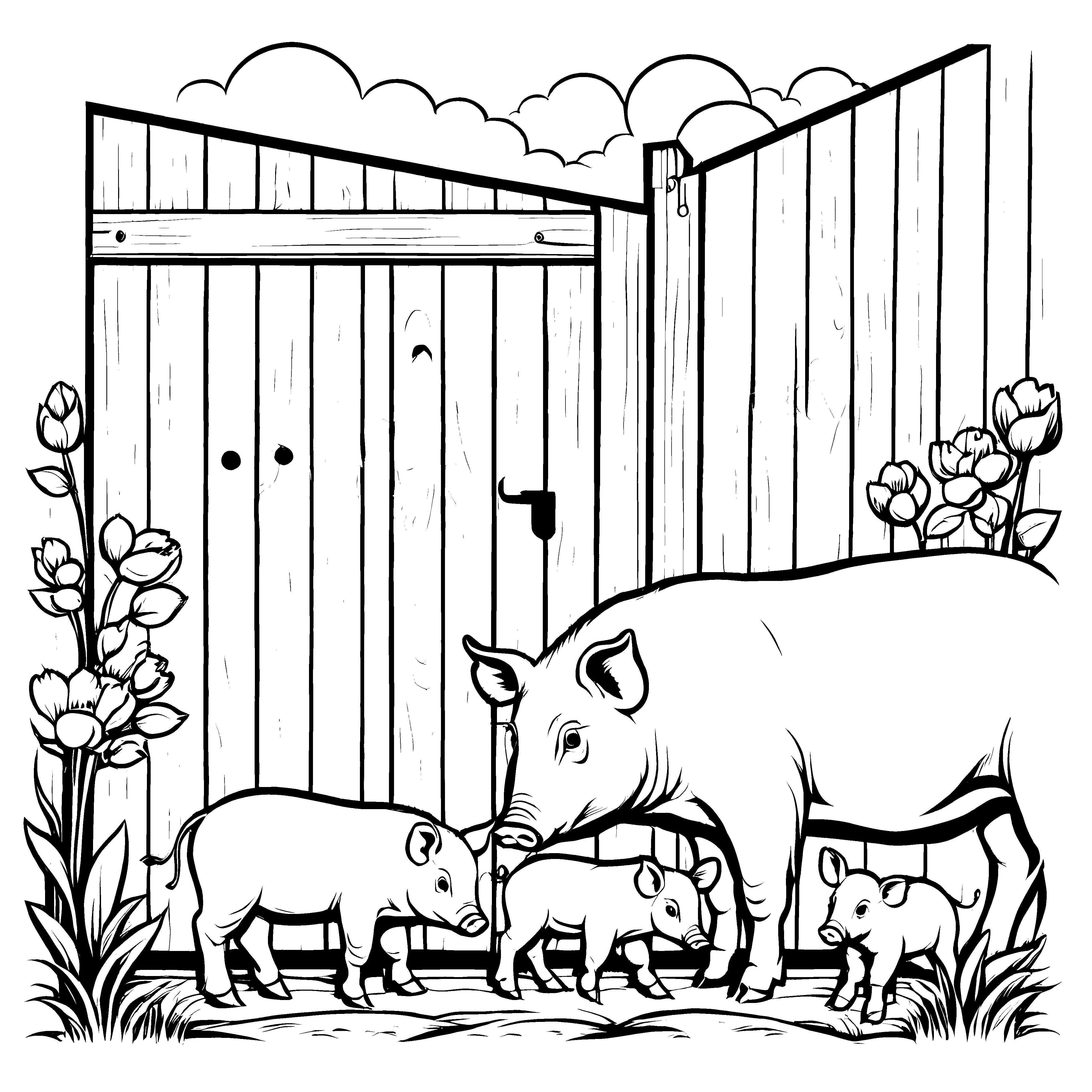 Mama-Ferkel mit ihren drei fröhlichen Babys Malbild für junge Tierfreunde