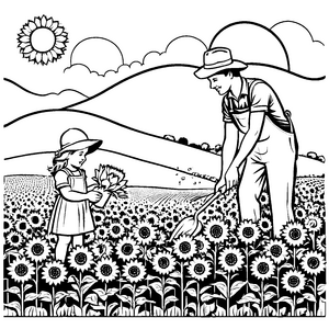 Inspirierendes Kinderpaar bei der Aussaat von Sonnenblumen Ausmalmotiv für neugierige Naturentdecker