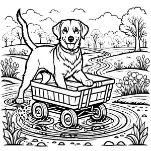 Fröhlicher Labradorwelpe sitzt im bunten Wagen Ausmalmotiv für kleine Abenteuerlustige