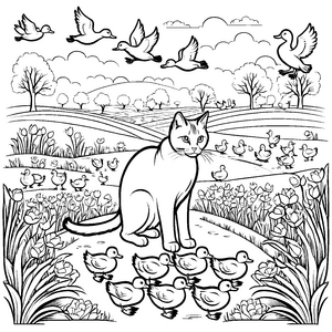 Schwarz-weiße Katze mit fröhlichen Enten im Feld Malvorlage für kleine Tierforscher mit bunten Träumen
