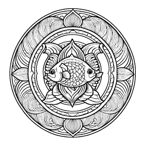 Magisches Mandala Mix mit geheimnisvollem Fisch und Sternen Malvorlage für fantasievolle Farbtalente auf aufregenden Entdeckungsreisen