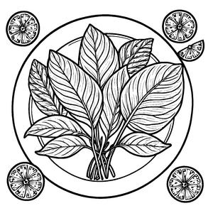 Faszinierende Amaranth-Blätter umrahmt von fruchtigen Zitrusfrüchten Malvorlage für kreative Gartenkünstler