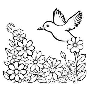 Zauberhafter Vogel auf blühendem Feld Ausmalbild für kleine Naturzauberer