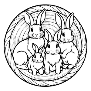 Fünf knuffige Häschen im harmonischen Kreis Ausmalvorlage für kleine Familienfans