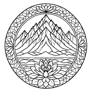 Faszinierendes Mandala Mix mit blühendem Bergmotiv Ausmalvorlage für junge Farbentdecker auf magischen Entdeckungsreisen