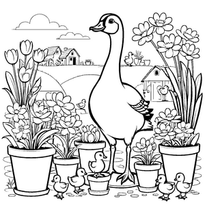 Schicke Gans zwischen bunten Blumentöpfen Malvorlage für kleine Gartenkünstler