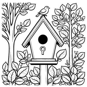 Einladendes Vogelhaus mit sehnsüchtigem Vogel Ausmalbild für junge Naturexperten
