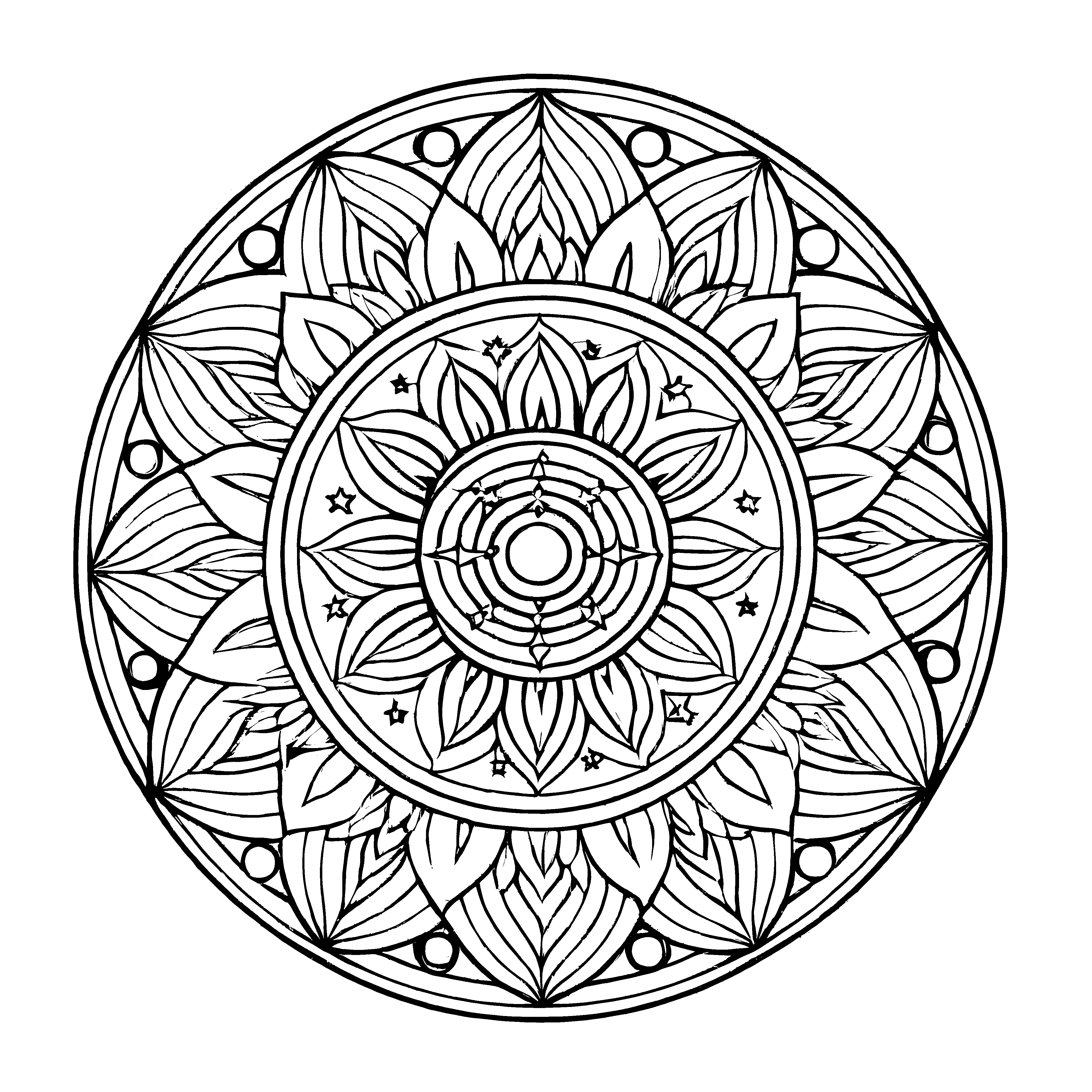 Vielseitiges Mandala Mix mit feinen Sternelementen Malvorlage für kleine Kreativabenteurer auf spannender Formenreise
