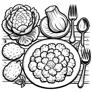 Einzigartiger Blumenkohl auf kunstvollem Gourmet-Teller Ausmalbild für fantasievolle Feinschmecker