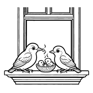Zwei liebevolle Vögel füttern ihre Küken Ausmalvorlage für kleine Naturforscher