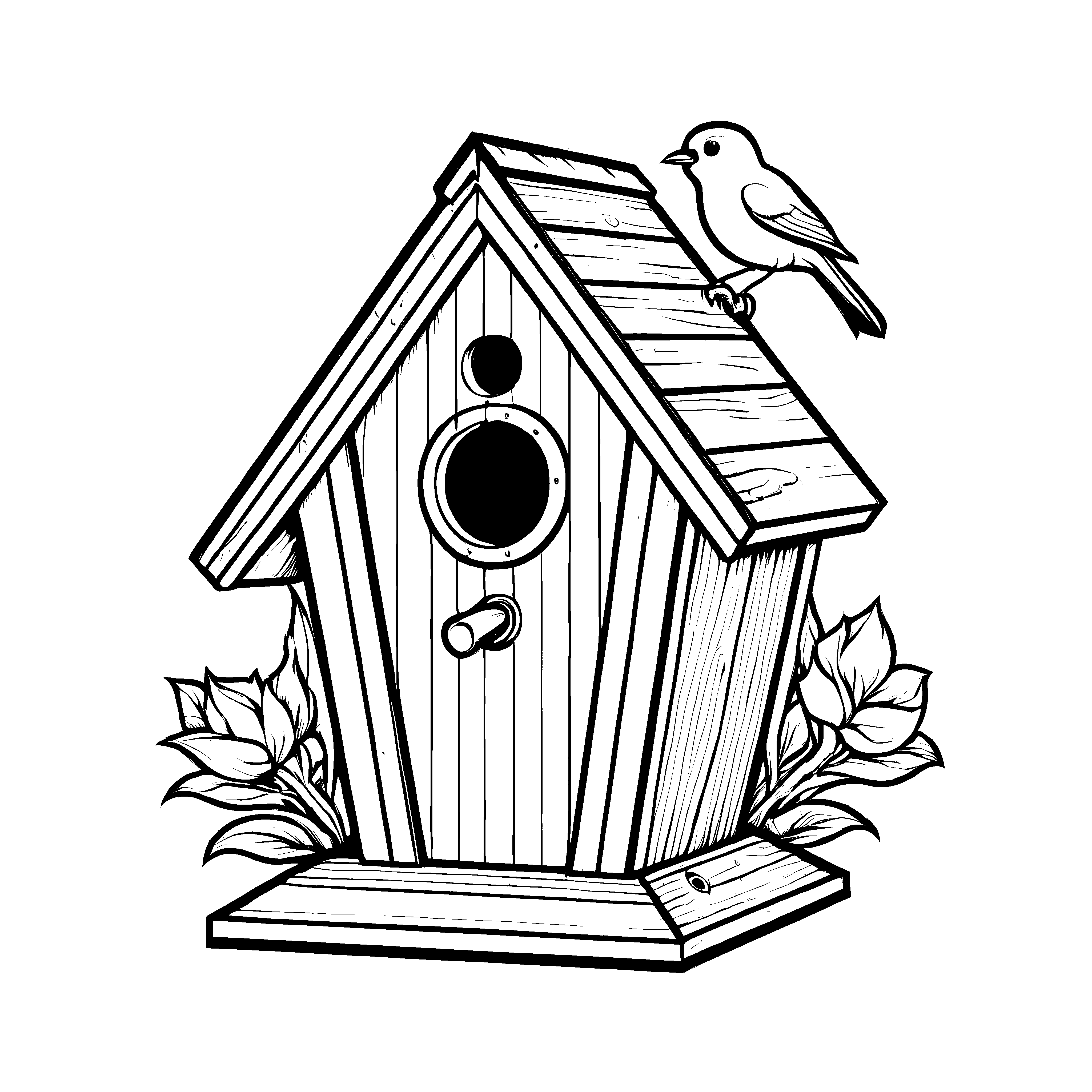 Bezauberndes Vogelhaus mit fröhlichem Vogeldach Ausmalvorlage für fantasievolle Naturentdecker