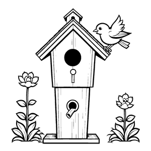 Wunderschönes Vogelhaus mit bunten Blumen und Schlüssel Malvorlage für abenteuerlustige Farbzauberer