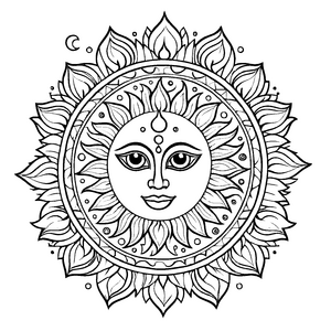 Faszinierendes Mandala Mix mit strahlender Sonnensymbole Ausmalvorlage für farbverliebte Entdecker auf bunten Abenteuerreisen
