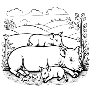 Entspannte Ferkel-Mama mit ihren zwei süßen Ferkeln Ausmalmotiv für kleine Tiertraumfänger